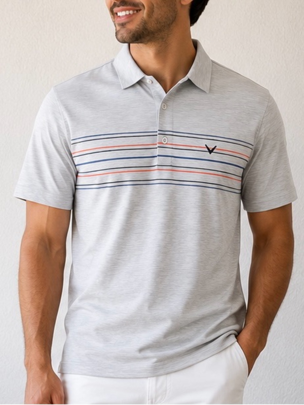 Callaway Light GrayGolf Style Polo with Navy and Coral Stripes Size L